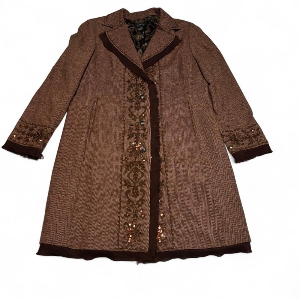 Y2K Focus 2000 Wool Blend Embroidered Long Coat Sz 16 Brown Boho Witchy Academia - Picture 4 of 6
